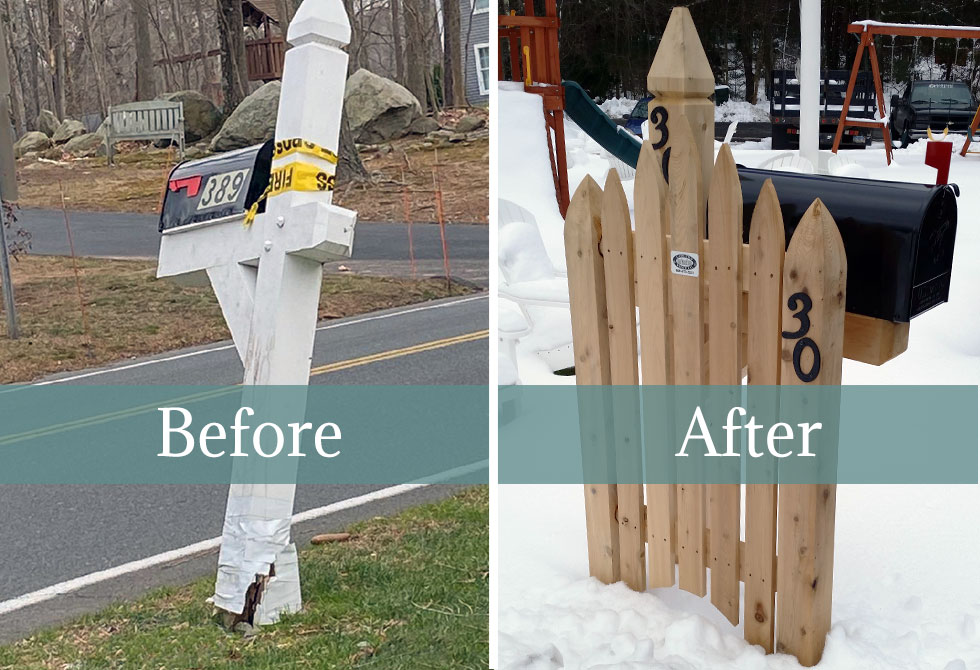 before and after of two mailboxes with snowplow damage