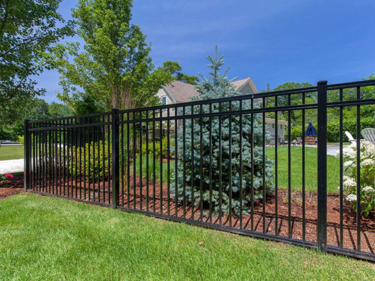 Black metal fence in front of a landscaped yard with green grass, a pine tree, and shrubs. A house with a sloped roof is visible in the background under a clear blue sky.