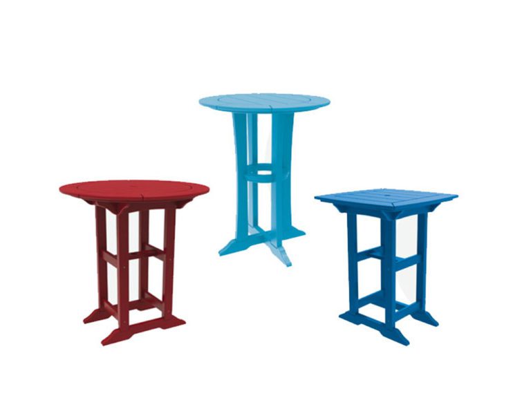 small red and blue poly tables against a white background