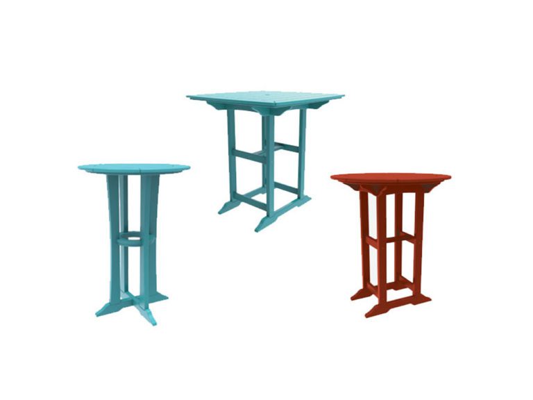 teal and red poly bar tables against a white background
