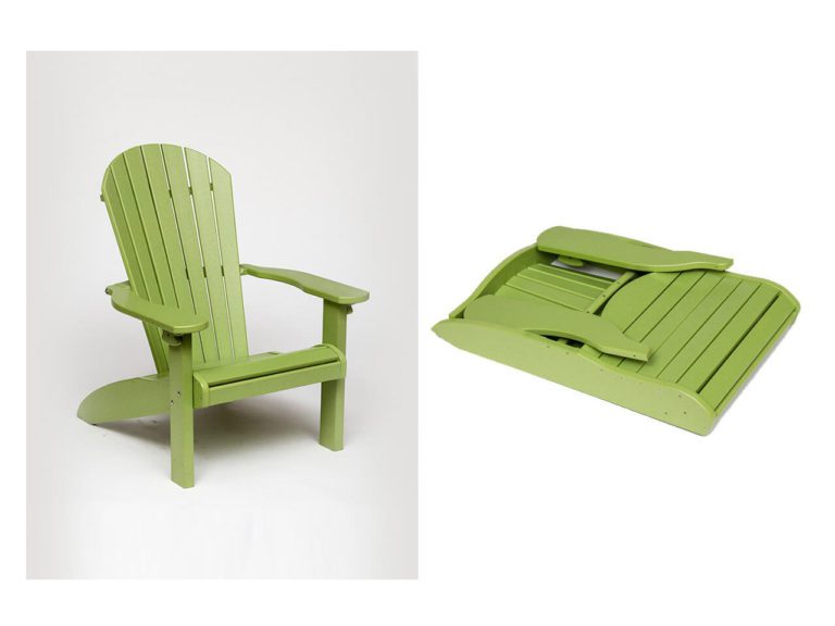 two images showing a green foldable poly Adirondack chair in before and after states