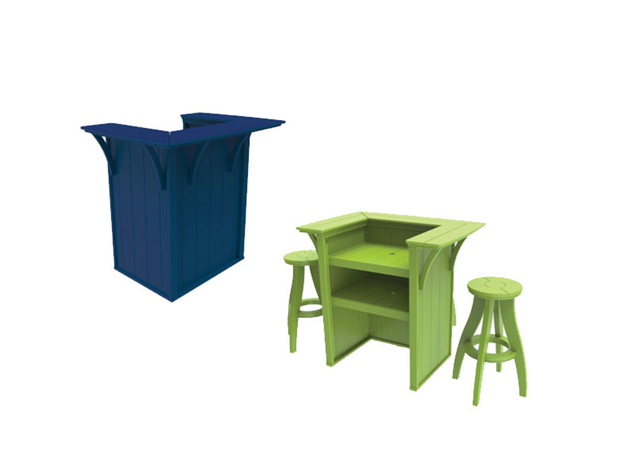 green and blue poly bar tables against a white background