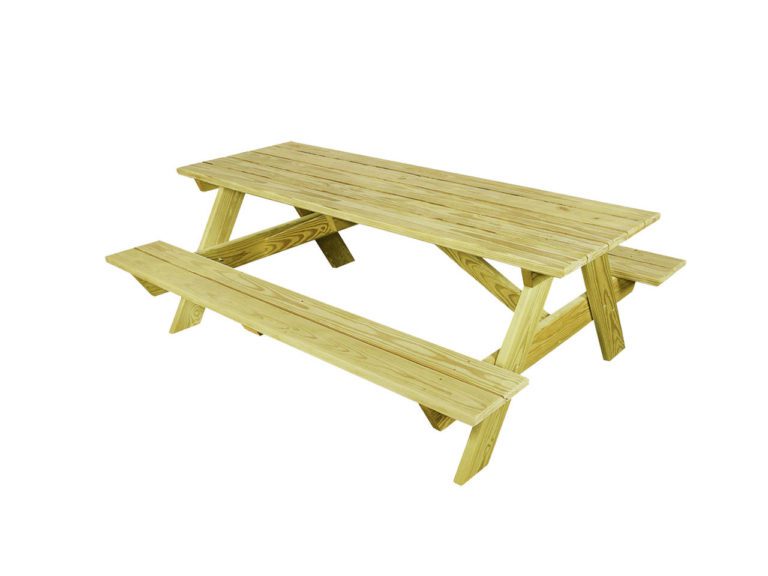 wooden picnic table on a white background.