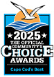 Logo for the 2025 Official Community’s Choice Awards, Cape Cod’s Best, featuring a seagull flying over waves with a sun in the background, and bold black and white text.