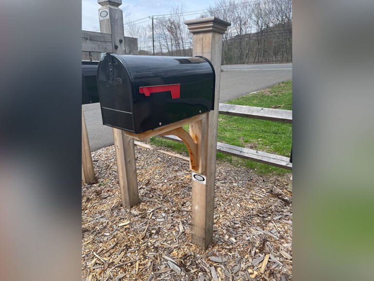 A black mailbox with a red flag is mounted on a wooden post near a road, with wood chips on the ground and a wooden fence in the background. Trees without leaves are visible across the street.