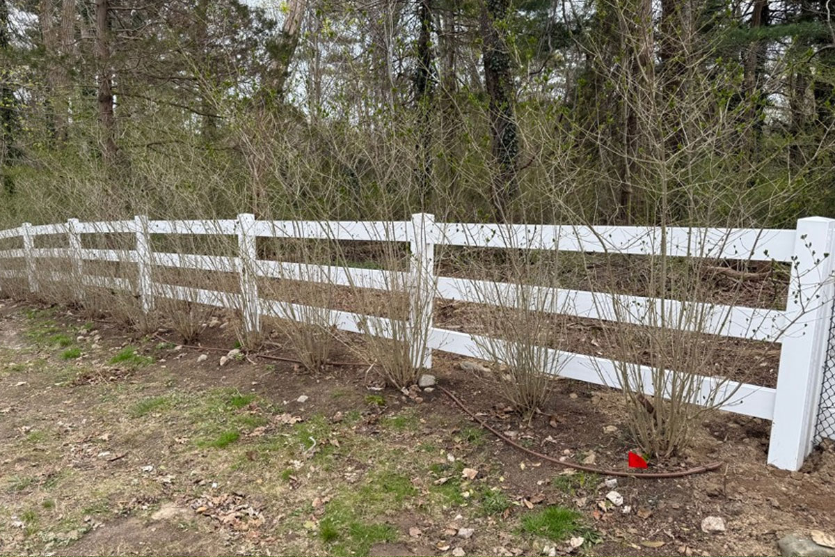 A white wooden fence runs along the edge of a yard with leafless shrubs planted in front. Behind the fence are tall trees with early spring foliage. A red marker and a garden hose are visible on the ground near the shrubs.