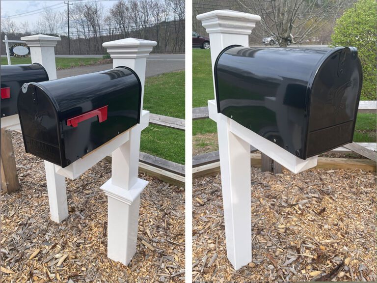 Two photos of a black mailbox with a red flag mounted on a sturdy white post, positioned near a roadside with a wooden fence and mulch at the base, surrounded by sparse spring foliage.